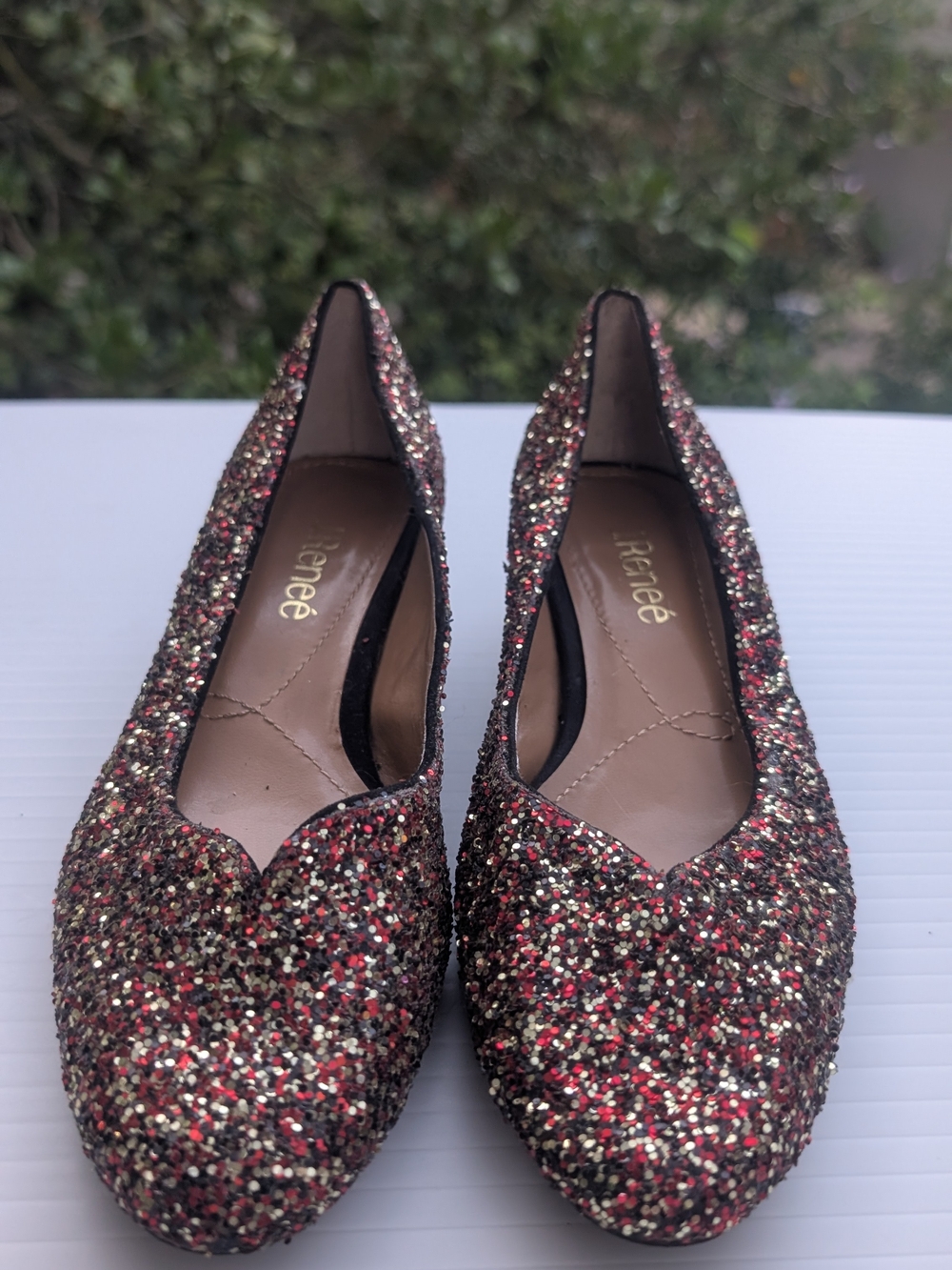 Sparkle Pointed-Toe Flats in Red and Gold Glitter